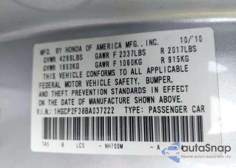 2011 Honda Accord 2.4 Lx z USA, uszkodzony, nr VIN 1HGCP2F38BA037222